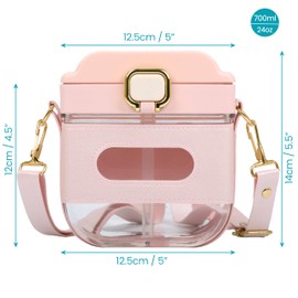 BELLE VOUS Pink Square Water Bottle with Adjustable Strap & Straw - 700ml/24oz Reusable Plastic Water Bottle - Leakproof & BPA-Free Portable/Travel Drinks Jug for School, Sports, Gym & Office