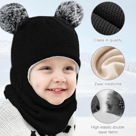 Roysmart Children's Winter Hat, Slip-On Hat Baby, Winter Hat Girls Boys Warm Knitted Hat with Pompom, Slip-On Hat Balaclava Thermal Hooded Scarf Cute Winter Hat for Babies Children - Black, gray
