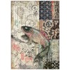 Stamperia International Stamperia-Rice Paper-Sir Vagabond in Japan-Mechanical Fish, Red, Teal,