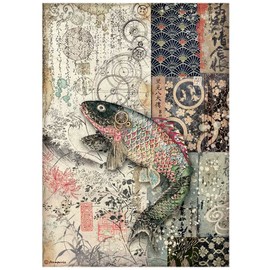 Stamperia International Stamperia-Rice Paper-Sir Vagabond in Japan-Mechanical Fish, Red, Teal, Brown, A4