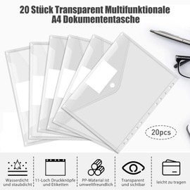Document Wallet A4 20 Pack Waterproof Document Folder A4 for Filing 11 Buckle and Label Bag Transparent Folder for Documents Organisation