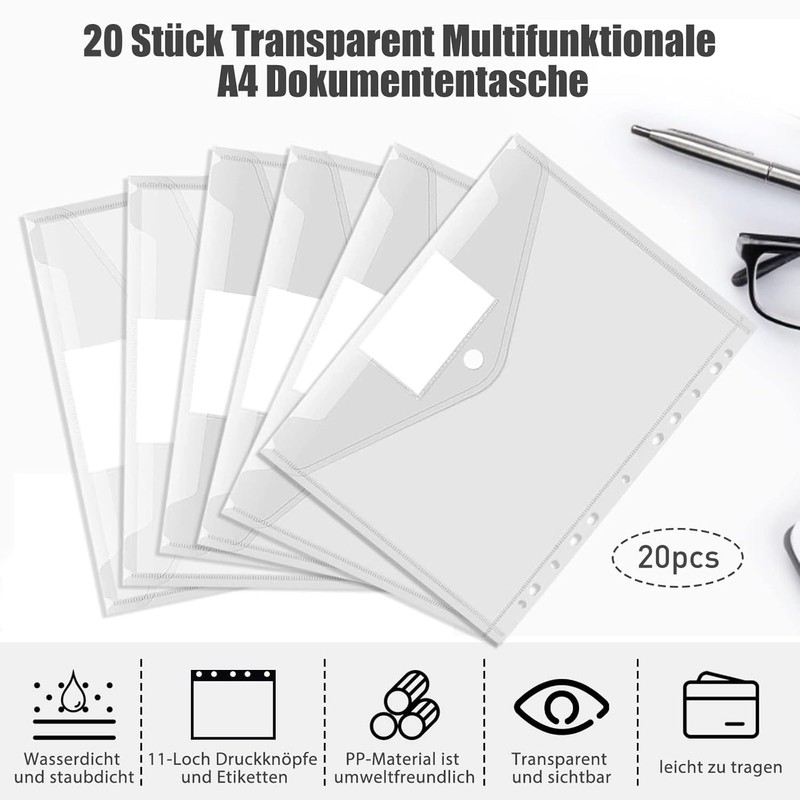 Document Wallet A4 20 Pack Waterproof Document Folder A4 for