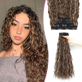 Megito Mermaid Curly Clip in Hair Extensions, 4Pcs Seamless Thick Hair Extensions Clip in 20inch Invisible Lace Weft Clip in Hair Extensions Light Brown Mix Honey Blonde