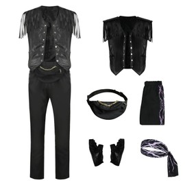 Mens Fringe Leather Vest Cowboy Vest Sleeveless Jacket Pants Bandana Gloves Fanny Pack Set Adult Tassel Outwear Suit S