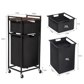 LUCKUP Laundry Hamper with Shelf, Laundry Sorter 2 Section with Removable Bags, Laundry Basket Cart with Table Wheels Laundry Room Storage and Organization, Dirty Clothes Hamper for Small Space