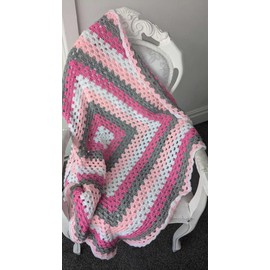 Handmade Crochet Granny Square Blanket, Pink, White and Grey, 108 x 108 cm