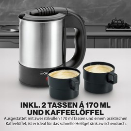 Clatronic WKR 3624 Travel Kettle, Filling Capacity up to 0.5 Litres, Ideal for Travelling, Camping and on the go, incl. 2 cups 170 ml, transport / travel bag and coffee spoon, stainless steel / black.