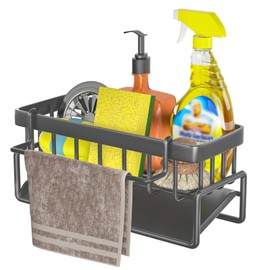 WHHVCTY Self-Drainage Kitchen Organiser, Sink Organiser, Sponge Holder for Organiser, Stainless Steel Organiser with Removable Tea Towel, Tableware, Kitchen Storage (Silver)