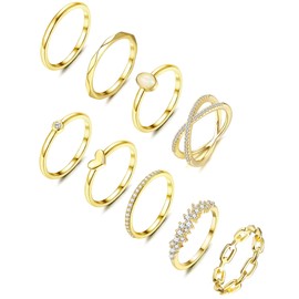 MILACOLATO 9 Pieces Silver Gold Ring Set for Women Girls 14 Carat Gold-Plated Stackable Silver Rings Ankle Rings CZ Heart Stacking Band Rings Simple Delicate Wedding Ring Finger Ring for Her Women