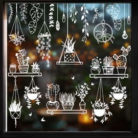 JarThenaAMCS 37Pcs Potted Plant Window Clings White Cactus Succulent Window Stickers Double-Sided Glass Decals for Spring Summer Home Classroom Office Party Decor, 9 Sheets