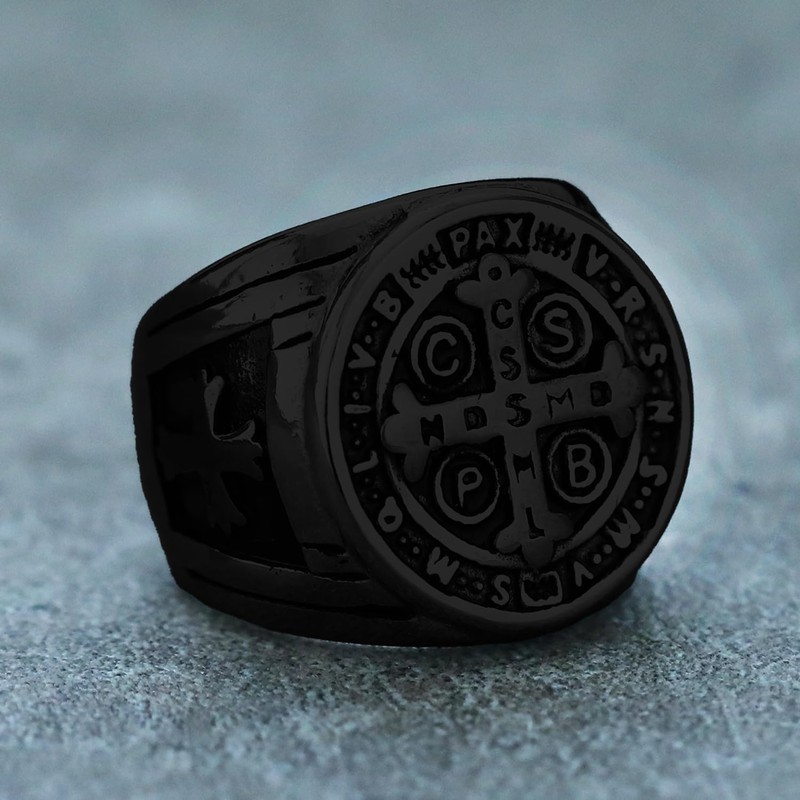 REchoLI Cross Ring for Man Black Stainless Steel Saint Benedict