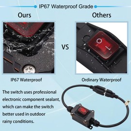 Hmknana IP67 Waterproof Outdoor 3 Prong Extension Cord with Inline Switch On/Off 16A/250V 20A/125V AC 16AWG 2FT Outlets Power Cords Heavy Duty Red LED Light Rocker Toggle Switch