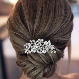 ALUINN Crystal Bride Hair Comb Flower Hair Piece Rhinestone Wedding Bridal Hair Accessories for Women Brides and Bridesmaids (Silver)