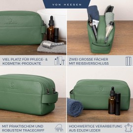 VON HEESEN Toiletry Bag Leather Toiletry Bag for Men and Women - Genuine Leather Necessaire Ideal for Travel - Wash Bag and Cosmetic Bag, Green, 2 main compartments