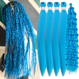 Navy Blue Braiding Hair Pre Stretched Light Blue Boho Hair for Braiding Prestretched ez Braid Crochet Curly Deep Wave Braids Knotless Synthetic Boho Braids