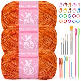 LUNARM Chenille Velvet Yarn, Yarn for Crocheting Knitting with Big Eye Needles, Handcrafts Weaving Soft Chenille Yarn for Making Blankets Clothes Pattern Knitting - 3 * 3.35oz, 3 * 162yds (Orange)