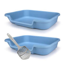 KittyGoHere Senior Cat Litter Box 2 Pack, Large Blue Low Entrance Kitty Litter Box, Sized for Cats Comfort, Perfect for Senior & Arthritic Cats, Made in USA, with Long-Handle Jumbo Scoop