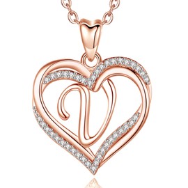INFUSEU Name Necklace, Heart Pendant Necklace, Letter A-Z, Alphabet Jewellery, Double Heart Initial Chains, Cubic Zirconia CZ for Women, Romantic Gifts for Girlfriend, 20 Inch Chain, Copper, Cubic