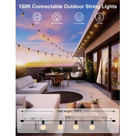 RTTY Outdoor String Lights 150 Feet G40 Globe LED Patio Lights with Plastics Bulbs,Waterproof Shatterproof Dimmable Connectable Hanging for Backyard Porch Balcony Party Cafe Decor