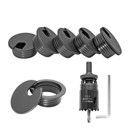 Jersvimc 1-1/2 Inch Cord Desk Grommet (5Pcs) and Hole Saw Kit, Black Wire Hole Cover Furniture Cable Grommet Drill Bit Set Bi-Metal Hole Saw Cover for Table Office Desktop