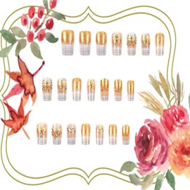 Checkered Press on Nails Medium Square Gold Bow with Rhinestones Design French Press Ons False Nail Golden Glitter Powder Acrylic Stick on Nails Full Cover Artificial Reusable Glue on Nails for Women