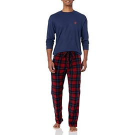 Beverly Hills Polo Club mens Beverly Hills Polo Polar Fleece W/Thermal Top Pajama Set, Navy Top With Red/Blu Pants, Small US
