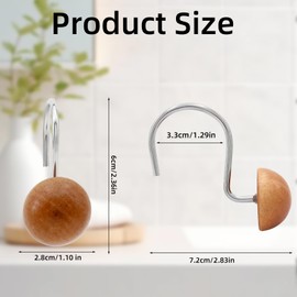 Decorative Shower Curtain Hooks, Wood Shower Curtain Rings, Hemispherical Wood Shower Curtain Hangers, 12PCS Modern Shower Hooks for Shower Curtain Rod, Bathroom, Bedroom, Living Room (Black)