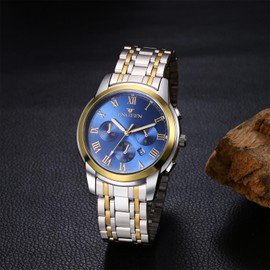 OIDEA Pair of Watches with Rhinestones: Classic Watch Analogue Quartz Date Calendar Rhinestone Dial with Illuminating Hands Gift for Men Women Couples, Gold Blue - Men's Watch 05, Bracelet