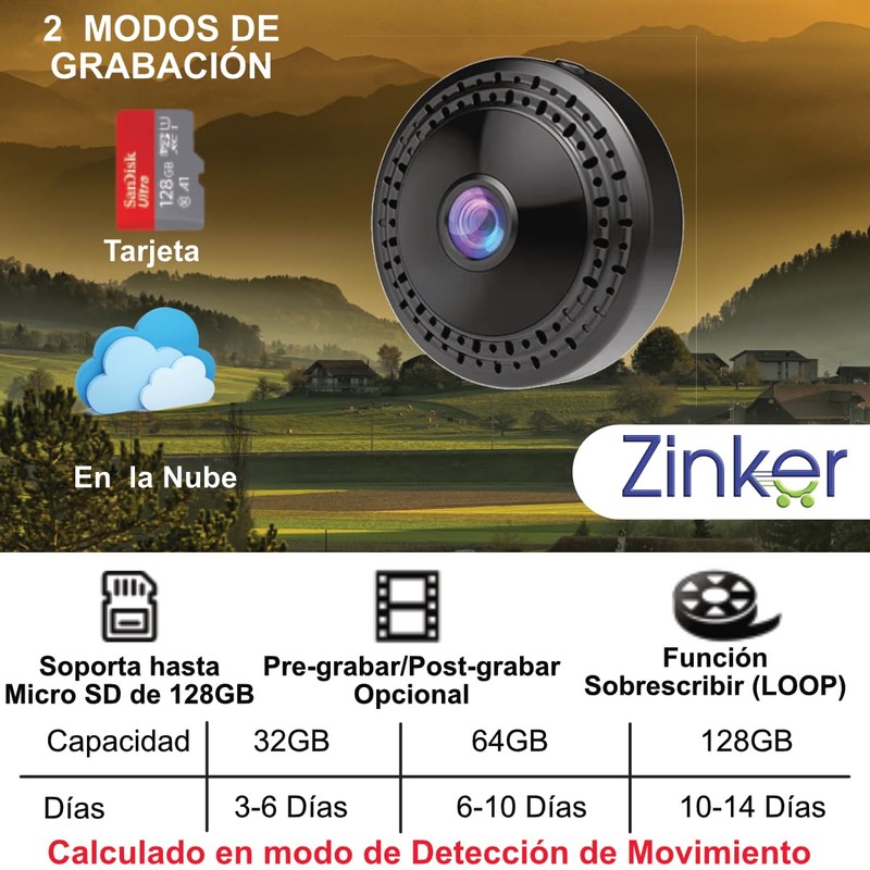 ZINKER Mini Cámara WiFi Oculta FullHD Batería iOS Android App,