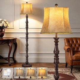 Vintage 64” Tall Floor Lamp for Living Room Bedroom, Retro Resin Carved Standing Lamp with Faux Leather Shade, Rotary Switch Rustic Corner Light for Home Decor