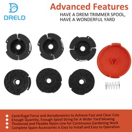 DRELD 6 Strimmer Spools Kit Replacement for Black and Decker, 30FT Long and 0.065" Diameter Trimmer Line Refills, 6 Auto Feed Spools with 1 Spool Cap and 1 Spring