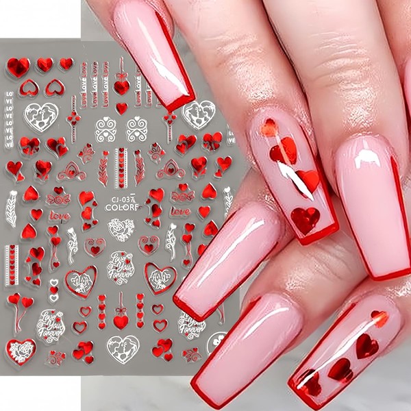 Valentine's Day Nail Art Stickers for Women Girls Red Heart-Shaped 3D Self-Adhesive Nail Decals Sexy Lips Nail Supplies with Rose Valentine's Day Nail Stickers Design DIY Nail Decorations 6Sheets