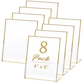 4 x 6-Inch Acrylic Gold Sign Holder Slant Back, 8 Pack Clear Plastic Display Stand, Single Sheet Ad Frame for Restaurant, Home, Office, Hotel, Store, Wedding Table Number Holder, Vertical