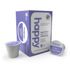 happy coffee dark roast coffee pods, 10 count, notes of cocoa & contentment, compatible with most K-cup brewers, rainforest alliance certified