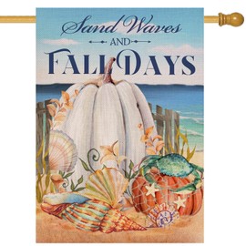 Furiaz Sand Waves Fall Days White Pumpkin Beach Decorative Large House Flag, Ocean Autumn Coastal Sea Yard Outside Decoration, Thanksgiving Crab Shell Conch Nautical Outdoor Decor Double Sided 28x40