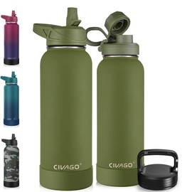 CIVAGO 40 oz Insulated Water Bottle With Straw, Stainless Steel Sports Water Cup Flask with 3 Lids (Straw, Spout and Handle Lid), Double Walled Travel Thermal Canteen Mug, Army Green