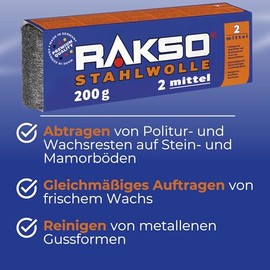 RAKSO Steel Wool Medium 2-400 g, 2 x 200 g Banderoles, Remove Old Wax, Polish Residue, Apply Wax, Cleans Metal Casting Moulds