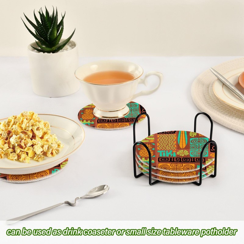 susiyo 6 Pcs Exotic Tiki Pattern Coasters with Holder Absorbent