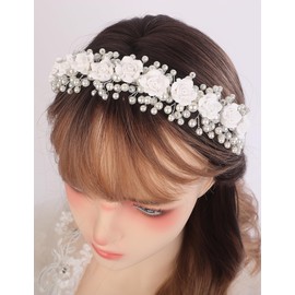 Teyglen White Flower Headband Bride Wedding Headband White Flower Pearl Hair Band Princess Flower Headpiece Floral Hair Accessories for Women Birthday Prom Photography (Headband-1)