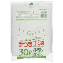 Japax HI-34 Trash Bags with Handles, Translucent, 11.8 gal (30 L), Width 19.7 x Height 27.6 inches (50 x 70 cm), Thickness 0.0008 inches (0.02 mm), Tiable Handbag, Polybag, Pack of 20
