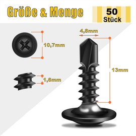 Pack of 50 self-tapping screws, 4.8 x 13 mm, self-tapping screws, stainless steel, Phillips screws, black oxide, with screwdriver bit