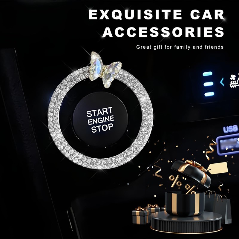 NYTKL Bling Ring Emblem Car Accessories, Crystal Rhinestone Butterfly Key