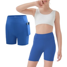 MEJING Biker Shorts for Teen Girls, Royal Blue Volleyball Running Athletic Short Size 18-20, Youth Cheer Dance Yoga Gymnastics Compression Pocket Shorts