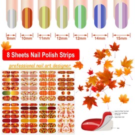 DANNEASY 8 Sheets Fall Nail Wraps for Women Maple Leaf Nail Polish Stickers Stick on Nail Polish Strips Gel Nail Strips Self Adhesive Fingernail Stickers with Nail File, Cuticle Stick