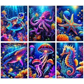 6 Pack Diamond Painting Kits for Adults, 5D DIY Diamond Art Kits for Beginners, Colorful Marine Animals Diamond Dots Kits Gem Arts Crafts for Living Room Bedroom Offices Home Wall Decor 12X16 Inch