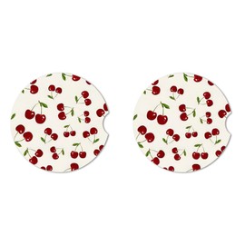 Cherry Berries Absorbent Car Cup Coasters,Cup Holders,Cork Base Drink Coasters with Finger Notch for Easy Move of Car Cup Holder for Women Men 2.6"(2 Pieces)
