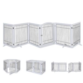 unipaws Pet Playpen with Wood and Wire, 6 Panels Extra Wide Freestanding Walk Through Dog Gate with 4 Support Feet, Foldable Stairs Barrier Pet Exercise Pen for Dogs Cats Pets, White
