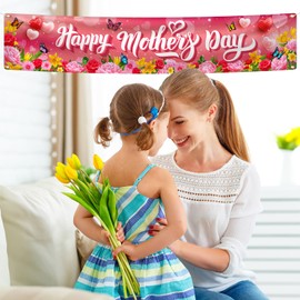 Happy Mother's Day Banner Mother’s Day Yard Sign Banner,Mothers Day Decoration Pink Floral Thank You Mom Banner Mon Day Gift For Best Mom Lawn Decor
