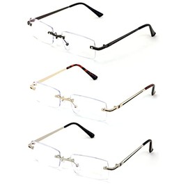 V.W.E. 3 Pairs Men Metal Rimless Diamond Cut Anti Blue Blocker UV Reading Glasses - Clear Lens Readers (3 Pairs Assorted, 2.00, multiplier_x)