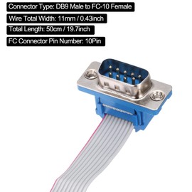 sourcing map 10Pin IDC Wire Flat Ribbon Cable DB9 Male to FC-10 Female Connector 2.54mm Pitch 50cm Length